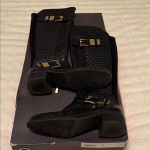 Vince Canuto Quilted Black Knee-High Boots with Gold Buckles